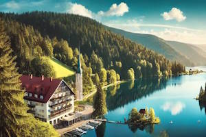 Lac Mummelsee entouré de forêts verdoyantes