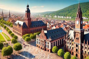 Ruelles pavées de Heidelberg menant à la place du Kornmarkt avec vue sur la statue de la Vierge et le Palais Graimberg