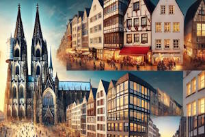 Vue du Rhin avec la cathédrale de Cologne au coucher du soleil