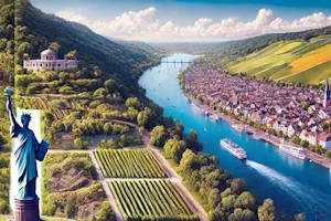 Vue sur les vignes et les collines de Rüdesheim au coucher du soleil