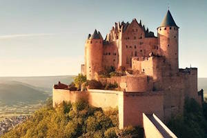 Intérieur du château de Lichtenberg avec expositions culturelles et historiques.