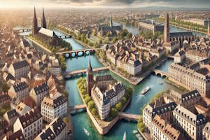 Vue aérienne du centre historique de Strasbourg, patrimoine vivant.