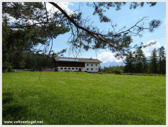 Vue panoramique depuis la ferme auberge Marienbergalm, Obsteig, Alpes du Tyrol