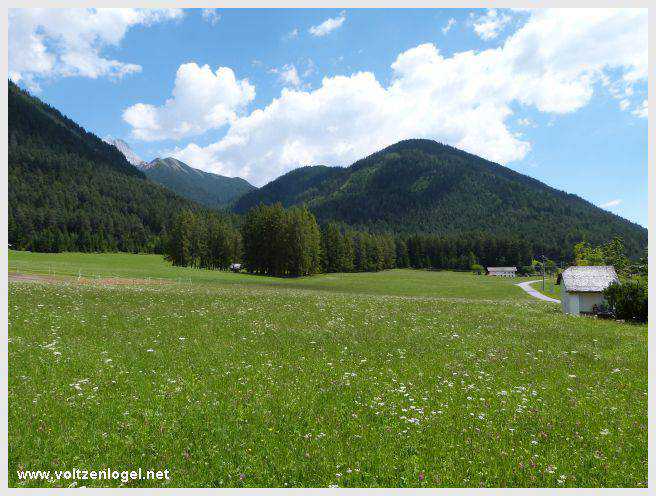 Vue panoramique depuis la ferme auberge Marienbergalm, Obsteig, Alpes du Tyrol