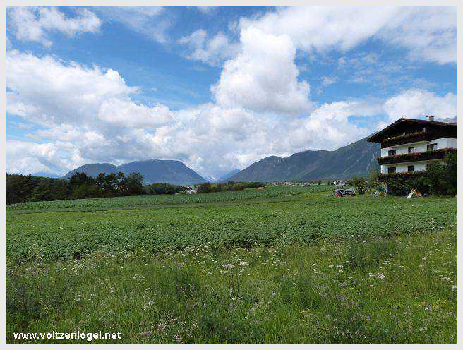 Vue panoramique du lac de Mieming, reflétant les Alpes du Tyrol sous un ciel ensoleillé
