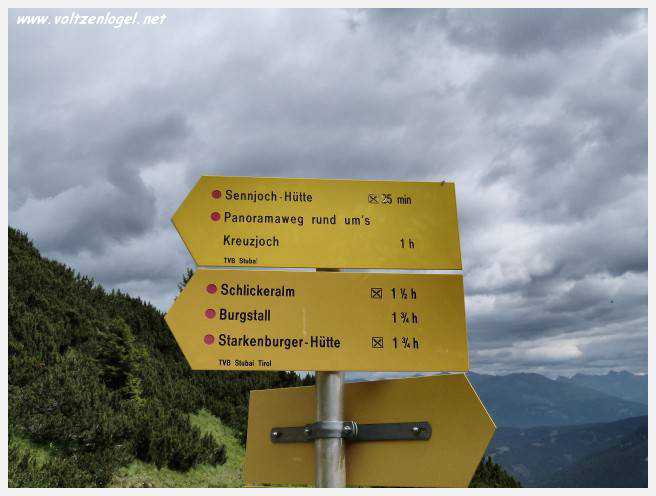 Panorama hivernal de Schlick2000, avec des skieurs dévalant les pistes enneigées des Alpes autrichiennes