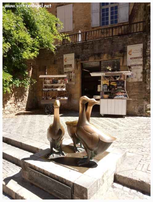 La place du marché aux oies avec les trois oies de bronze à Sarlat
