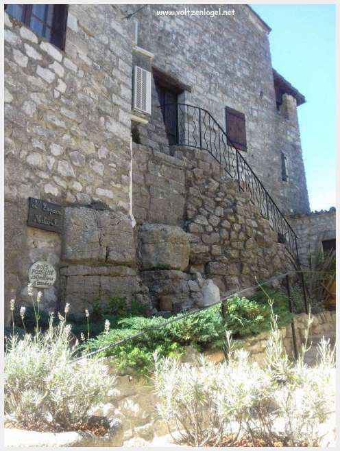 Vue panoramique de Balazuc, village médiéval en Ardèche, avec ses ruelles pavées et son château historique.