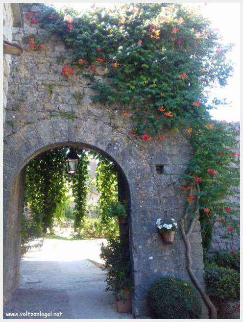 Vue panoramique de Balazuc, village médiéval en Ardèche, avec ses ruelles pavées et son château historique.