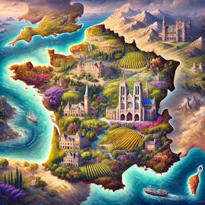 Carte artistique de la France illustrant les paysages et symboles régionaux