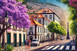 Avenue Arriaga bordée de jacarandas en fleurs à Funchal