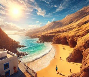 Plage avec dunes dorées sous ciel ensoleillé à Grande Canarie