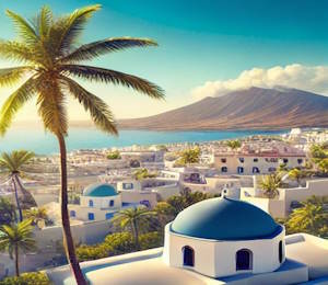 Vue du village de Haria à Lanzarote, entouré de montagnes volcaniques