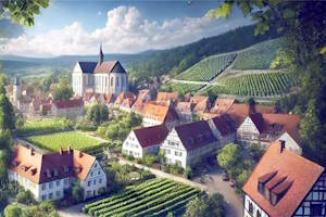 Vue panoramique du château de Salem entouré de verdure