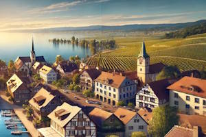 Vue d'ensemble de Hagnau am Bodensee avec ses montagnes et son lac.