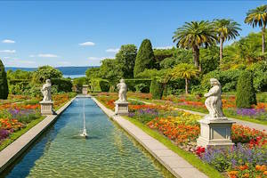 Panorama naturel de l'île Mainau entre jardins fleuris, eaux calmes du lac et montagnes en arrière-plan